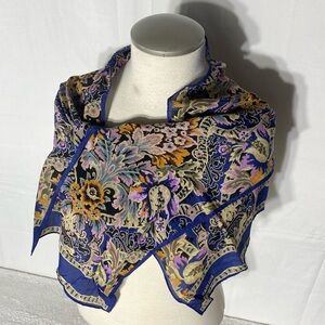 Vintage 80s Bill Blass Blue Beige Pink Floral Scarf